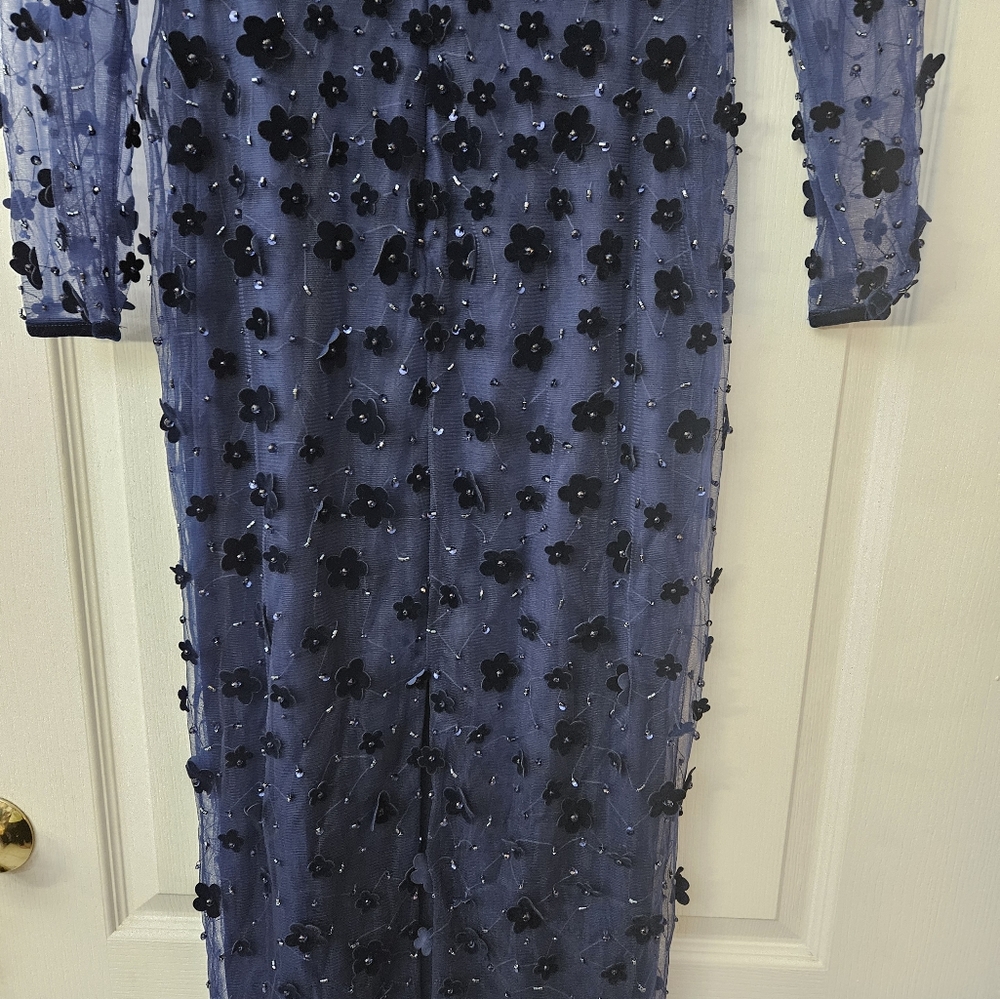 Mac Duggal Navy Embellished V Neck Illusion Long Sleeve Column Midi SZ 4 NWT - Picture 10 of 11